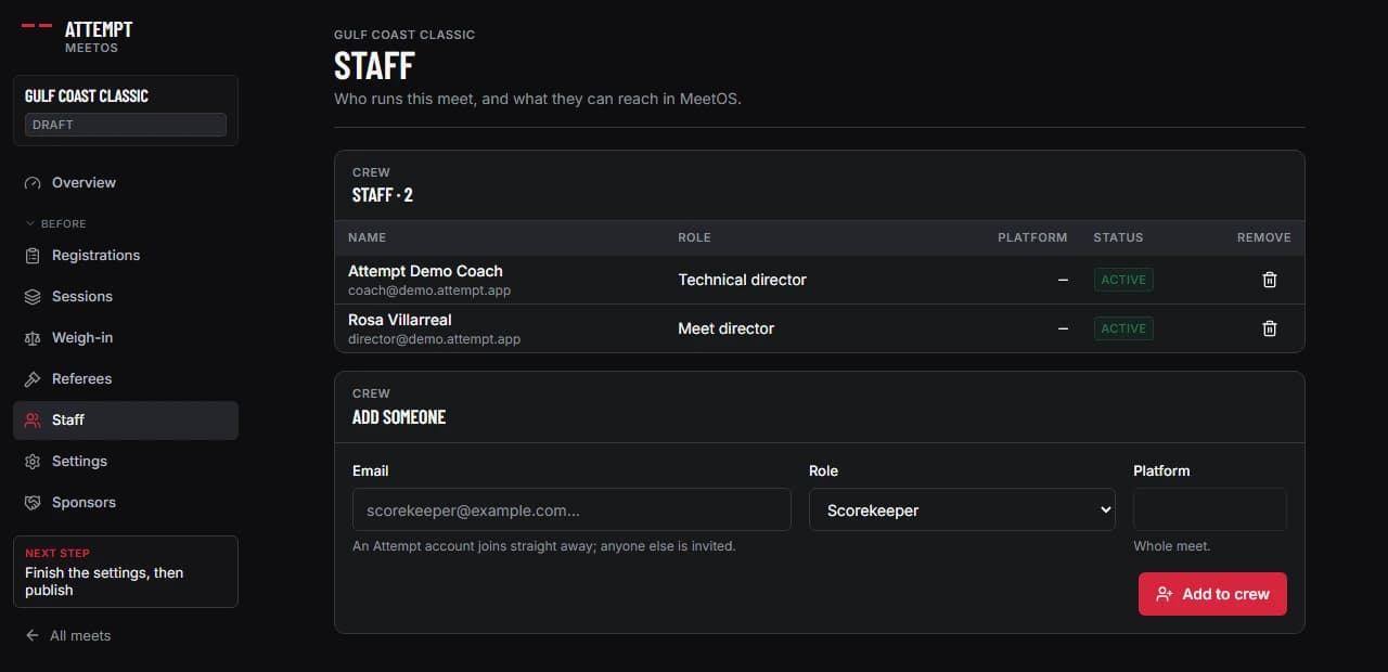 The Staff page listing a meet director and a technical director, with a form to add someone by email and role