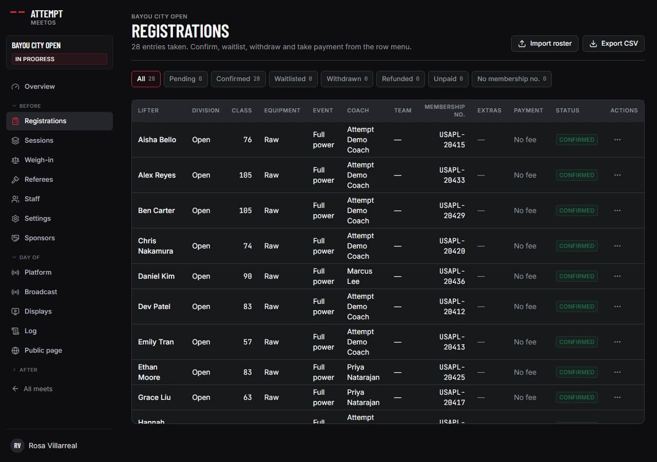 The Registrations page listing twenty-eight confirmed entries with division, class, membership number, payment and status columns, and Import roster and Export CSV buttons